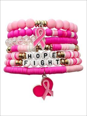 Pink Ribbon Breast Cancer Awareness Stretch Bracelet Polymer Clay Support